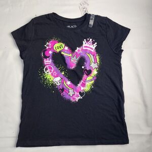 Girls Black The Childrens Place Heart Love Crown T-Shirt - Size Medium 7/8